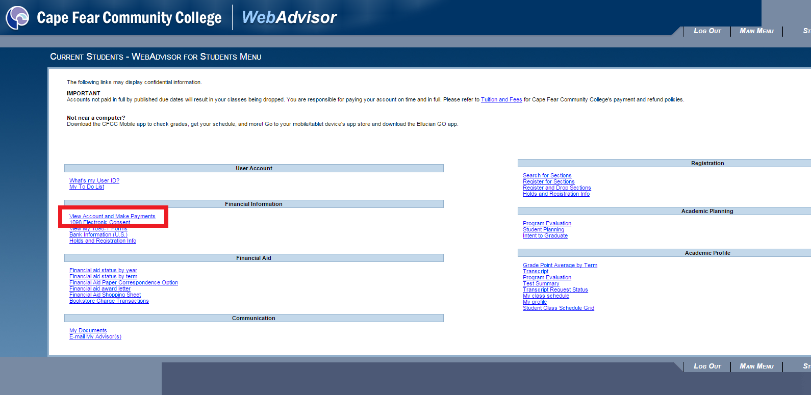Make Payment Using Self Service Cape Fear Community College