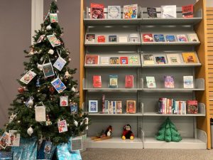 christmas tree and books on shelves