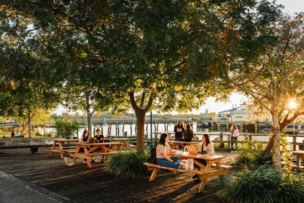 Students studying at a table near the Cape Fear River.
