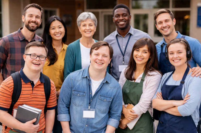A diverse group of ten adults stand close together outside a building, smiling at the camera. They appear to be students and staff, wearing casual and work attire, some with name badges and notebooks, suggesting a college or workplace setting.