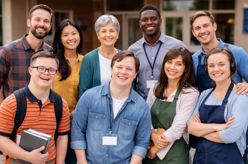 A diverse group of ten adults stand close together outside a building, smiling at the camera. They appear to be students and staff, wearing casual and work attire, some with name badges and notebooks, suggesting a college or workplace setting.