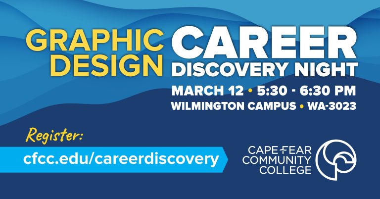 Graphic promoting “Graphic Design Career Discovery Night.” Event details: March 12, 5:30–6:30 PM, Wilmington Campus, WA-3023. Registration link: cfcc.edu/careerdiscovery. Hosted by Cape Fear Community College. Background features layered blue wave graphics with bold yellow and white text and the college logo in the lower right corner.