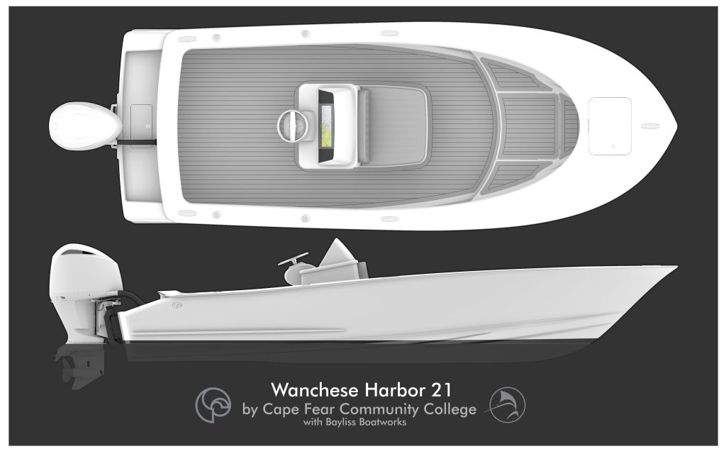 ADA-compliant alt text: Top and side profile renderings of a white center-console motorboat labeled “Wanchese Harbor 21.” The top view shows a gray deck with a central helm console, steering wheel, display screen, cushioned seating, and open bow area. The side view shows a sleek hull with a pointed bow, center console windshield, leaning post, and a single outboard motor mounted at the stern. Text below reads: “Wanchese Harbor 21 by Cape Fear Community College with Bayliss Boatworks,” accompanied by circular logo marks.