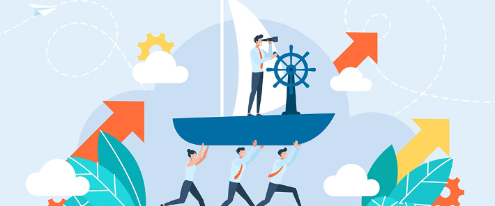 Illustration of a person standing at the helm of a sailboat using a telescope, while three people below push the boat forward. Upward arrows, clouds, and a sun in the background suggest progress, growth, and forward momentum.