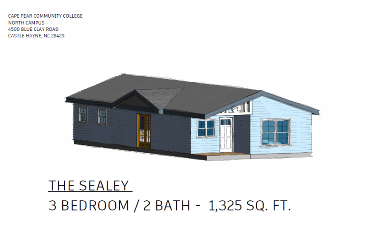 Exterior rendering of a single-story house labeled “The Sealey,” a 3-bedroom, 2-bath home with 1,325 square feet. The house features light blue siding, a dark gray gabled roof, white trim, a covered front entry with a white door, and large front windows. Text in the upper left identifies the location as Cape Fear Community College North Campus, 4500 Blue Clay Road, Castle Hayne, NC 28429.