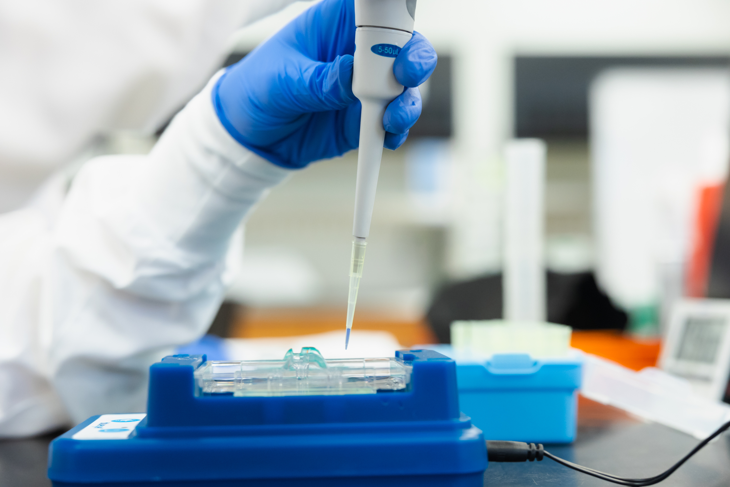 Gloved hand using a micropipette to transfer a small liquid sample into a laboratory testing device.