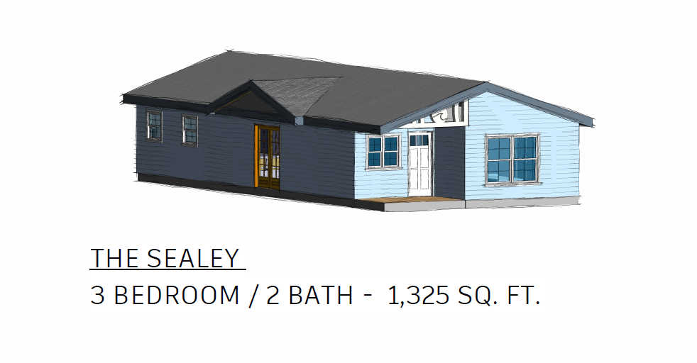 Exterior rendering of a single-story house labeled “The Sealey,” a 3-bedroom, 2-bath home with 1,325 square feet. The house features light blue siding, a dark gray gabled roof, white trim, a covered front entry with a white door, and large front windows. Text in the upper left identifies the location as Cape Fear Community College North Campus, 4500 Blue Clay Road, Castle Hayne, NC 28429.