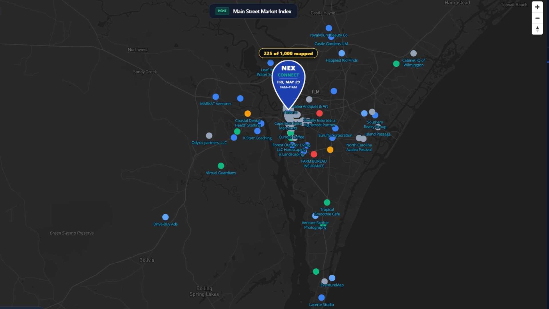 Map of the Wilmington area displaying the Main Street Market Index, with colored markers representing local businesses and organizations across the region.