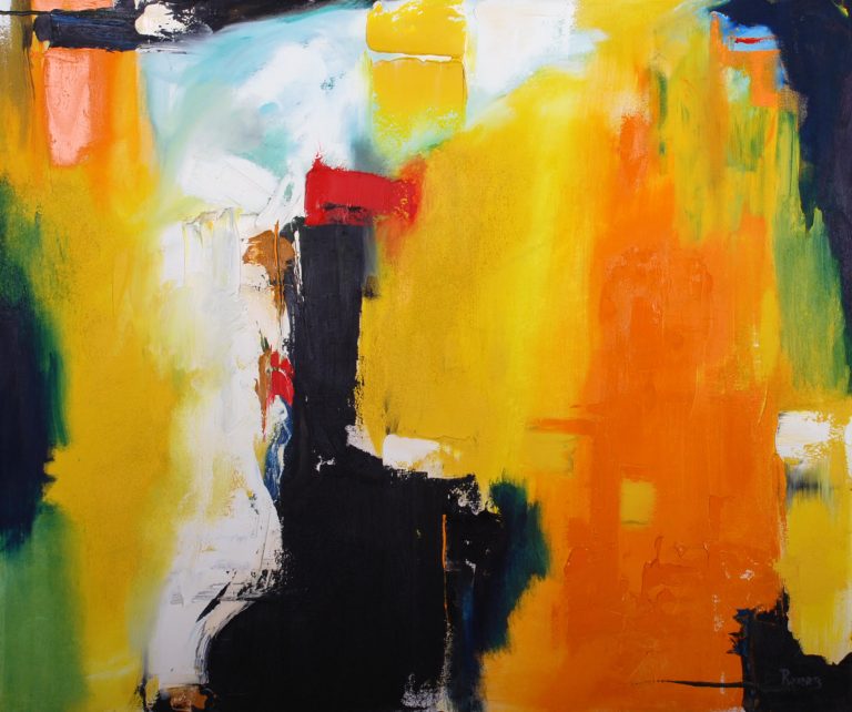 Abstract expressionist painting dominated by bold fields of bright yellow and orange with contrasting black, white, red, blue, and green brushstrokes. Large blocks and layered, textured paint create an energetic, nonrepresentational composition with no identifiable figures or objects