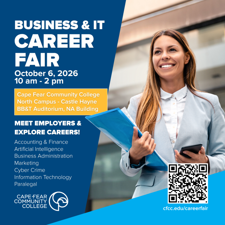Cape Fear Community College is hosting a Business & IT Career Fair on Tuesday, October 6, 2026 from 10:00 a.m. to 2:00 p.m. The event will take place on CFCC’s North Campus