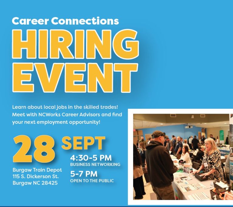 Career Connections is hosting a Hiring Event on Sept. 28 at the Burgaw Train Depot, connecting job seekers with local opportunities in the skilled trades and NCWorks Career Advisors. Business networking runs from 4:30–5 p.m., followed by the public hiring event from 5–7 p.m.; veterans are encouraged to attend.