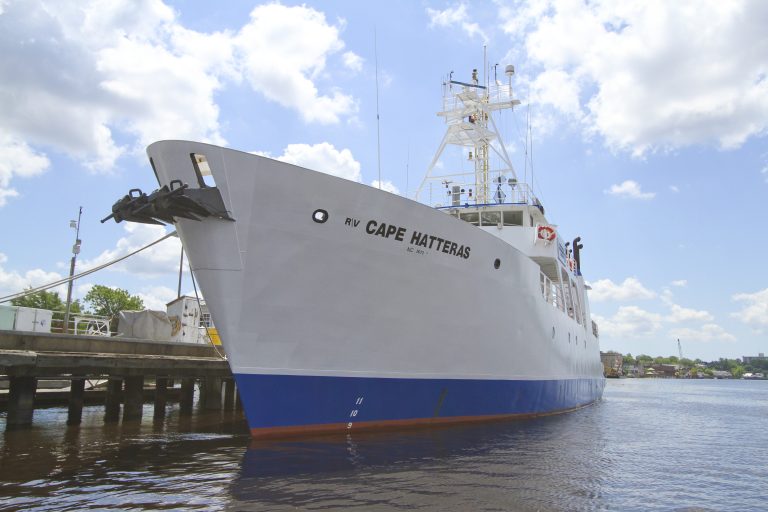 R/V Cape Hatteras at the dock on the Cape Fear River in downtown Wilmington.