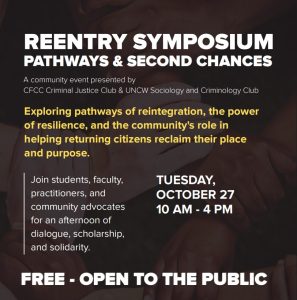 A brown flyer highlighting a reentry symposium that is scheduled for Tuesday, October 27 from 10am-4pm