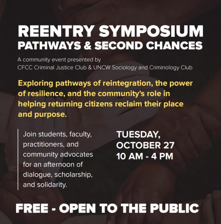 A brown flyer highlighting a reentry symposium that is scheduled for Tuesday, October 27 from 10am-4pm
